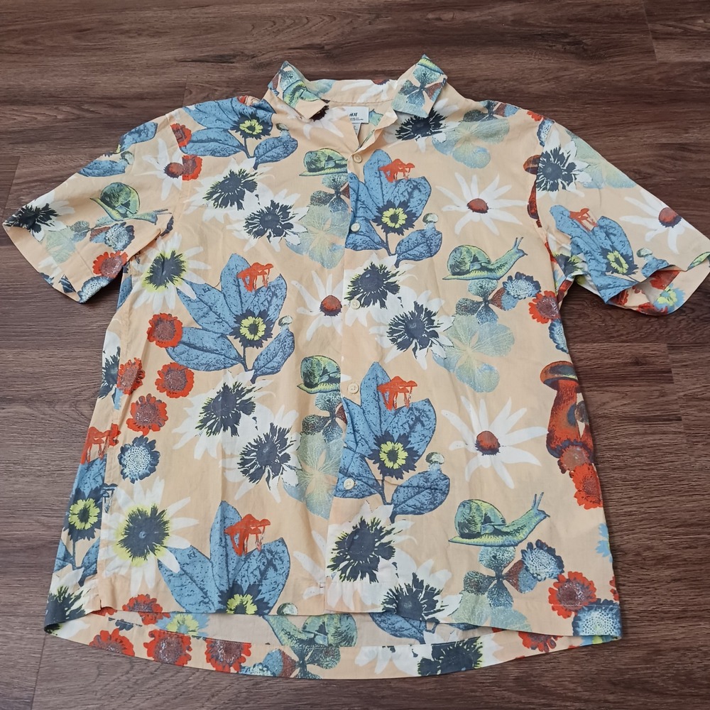 HM Mens Relaxed Fit Cotton Button Up Shirt Mushroom Snail Floral Print Tan M